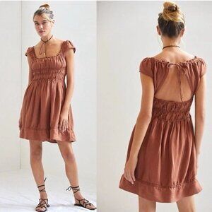 Anthropologie Linen Blend Smocked-Waist Boho Cottagecore Mini Dress size M